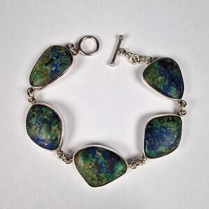 Vintage Monteros Taxco 950 Silver Azurite Malachite Bracelet Mexico Blue Green